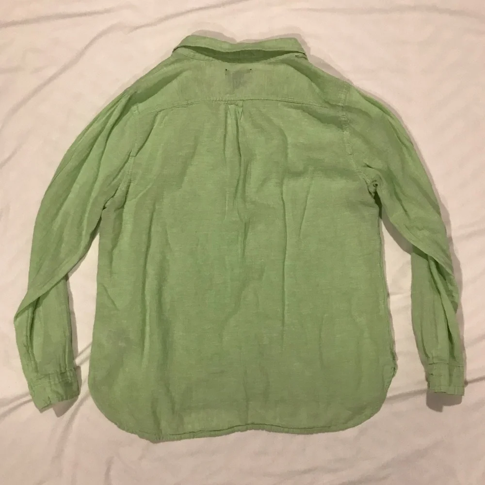 Gap Linen Blend Boyfriend Fit Collared Long Sleeve Roll Tab Popover Top Lime - Picture 2 of 8